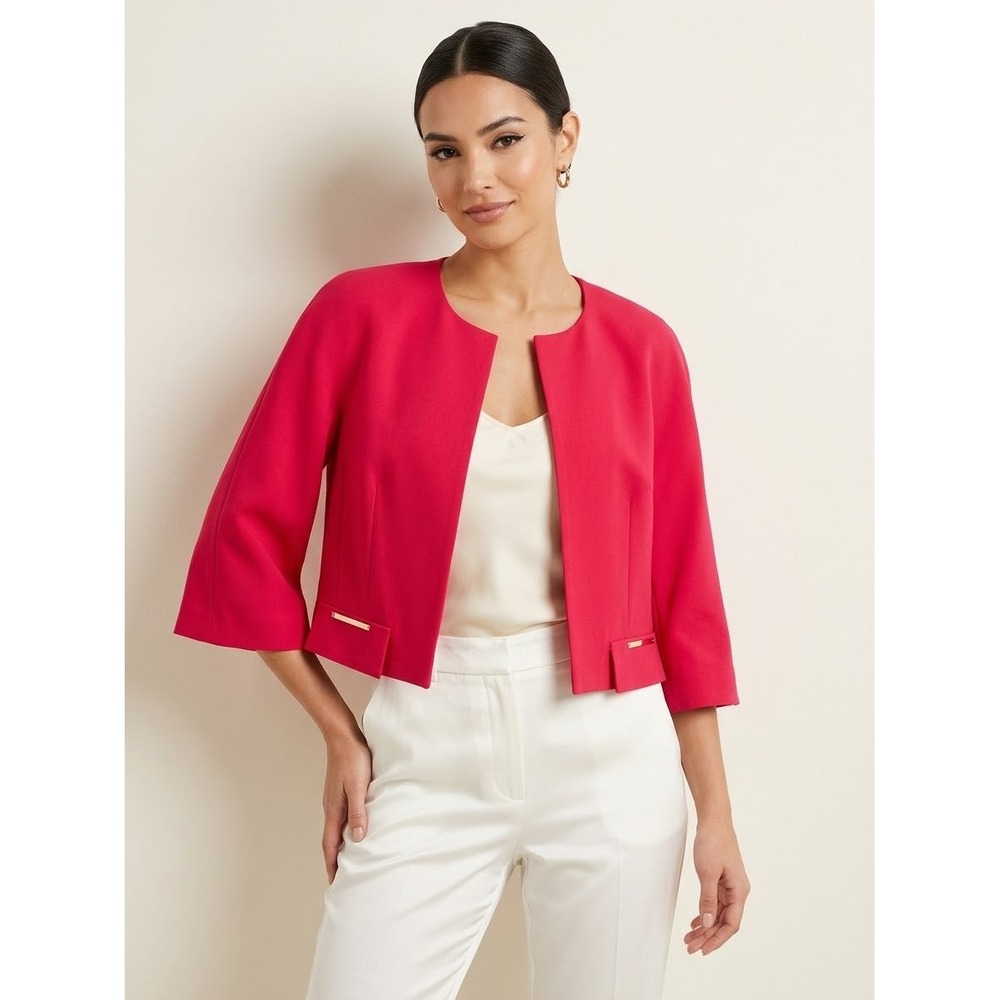 Sfizio Italy Women Coral Pink Cropped Open Front Blazer Jacket Size 8 $268